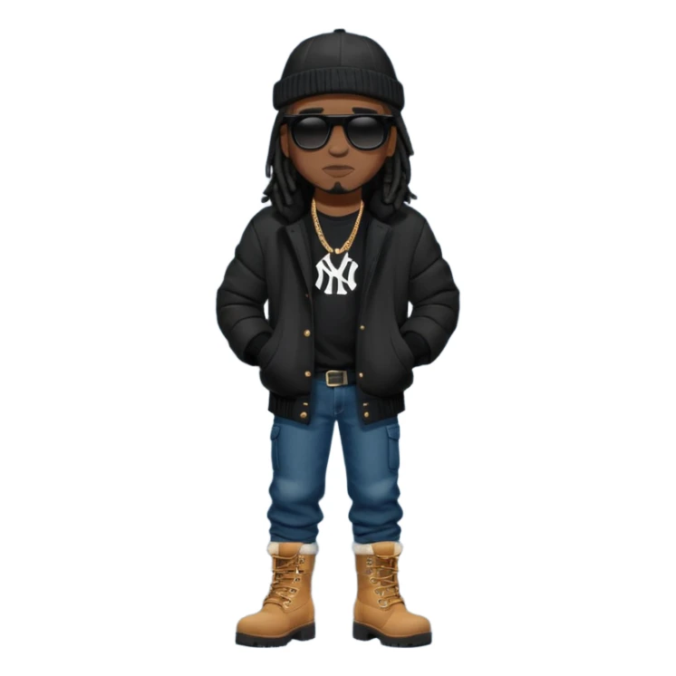 African American man with shoulder length black dreadlocks wearing black sunglasses with black bubble winter coat wearing a New York Yankees baseball hat with arms folded wearing denim skinny jeans and timberland boots sticker