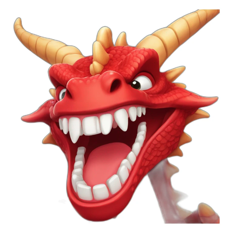 Crazy funny red dragon head with human white teeth and beautiful smile sticker