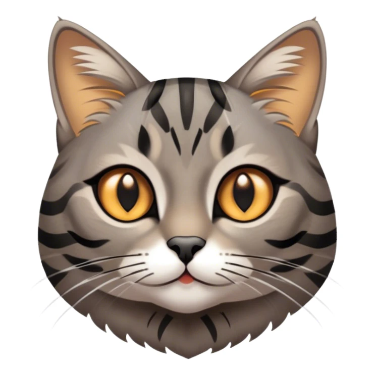 Cinematic Cute Grey and Black Brown Tabby Cat Portrait Emoji, Head tilted playfully and inquisitively, sleek grey-brown fur with bold black tabby stripes and a distinctive M-shaped marking on the forehead, sparkling amber eyes, Simplified yet irresistibly adorable features, highly detailed, glowing with a warm, friendly glow, high shine, affectionate and curious, stylized with a touch of whimsy, bright and endearing, soft glowing outline, capturing the essence of a mischievous yet loving kitten, so playful it feels like it could pounce out of the screen and into your arms! sticker