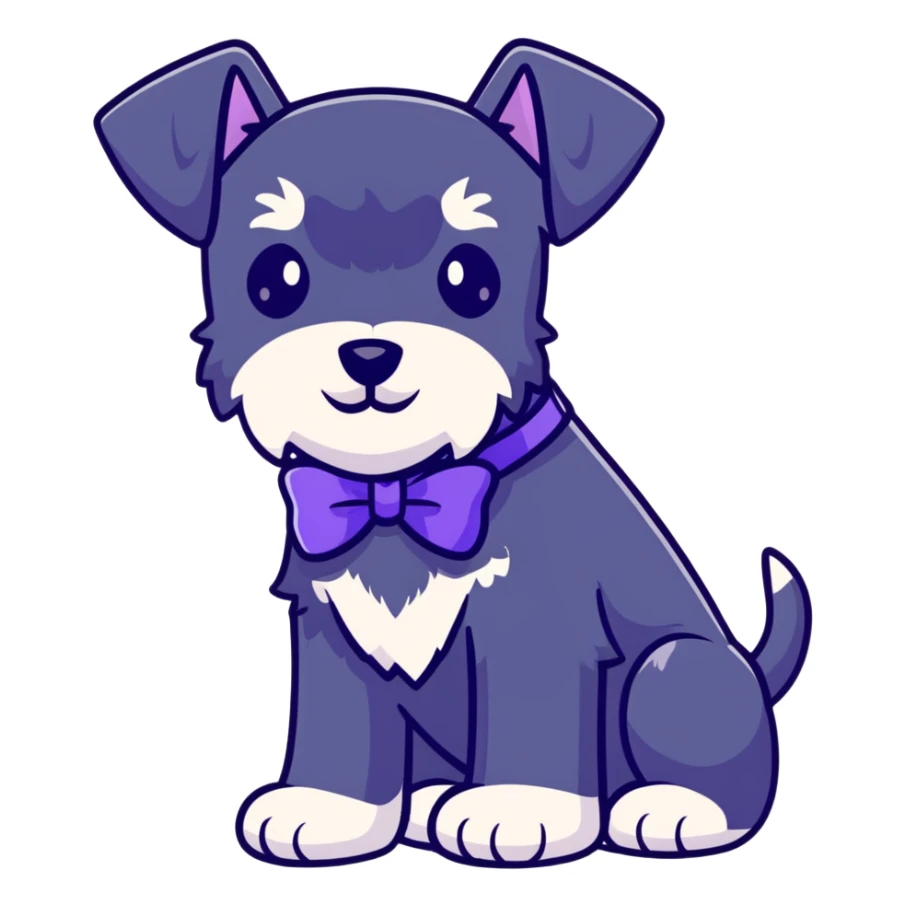 A black puppy schnauzer with a purple bow sticker