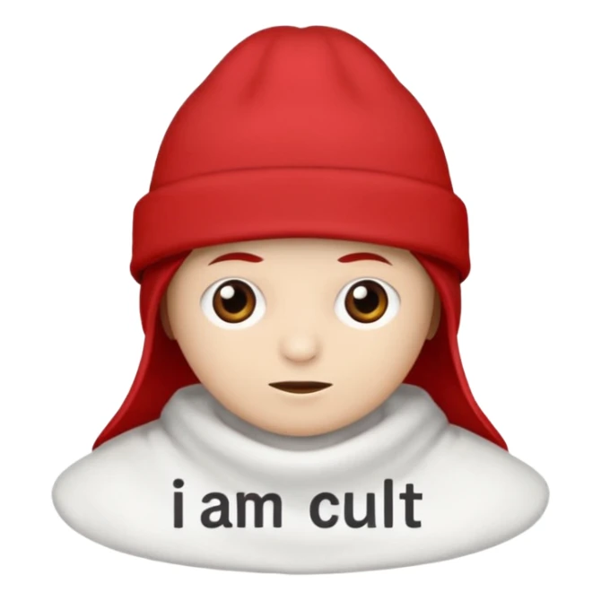Red hat that says "I AM IN A CULT" in white text sticker
