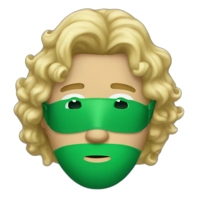 A man wearing a green plane mask with medium length blonde curly hair sticker