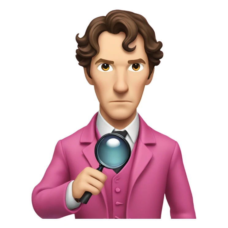 Benedict Cumberbatch-like Sherlock Holmes all in all intensive pink suit holding magnifying glass, upper body sticker