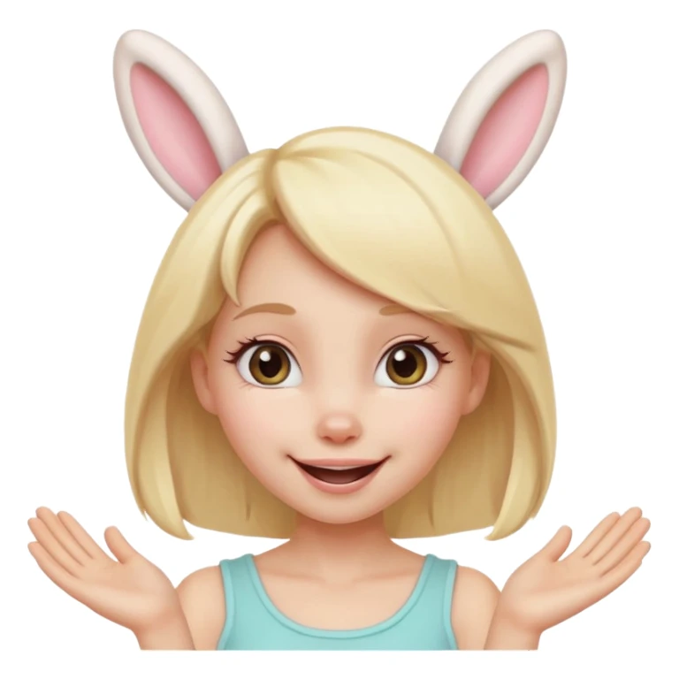 A playful blonde female cartoon character with wide, mischievous eyes, smiling, bunny ears accessory, dynamic pose suggesting movement, pastel colors, minimalistic and cute emoji style. sticker