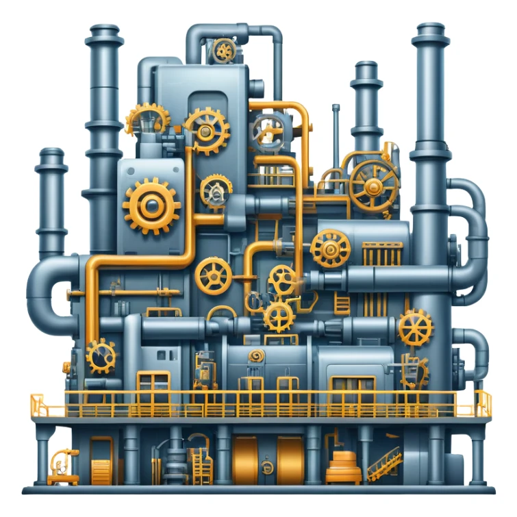 An icon featuring a giant factory with industrial machines and assembly lines, symbolizing mechanical engineering. The design includes gears, robotic arms, and blueprints, representing the creation of machinery and complex systems. Transparent background highlights innovation in manufacturing sticker