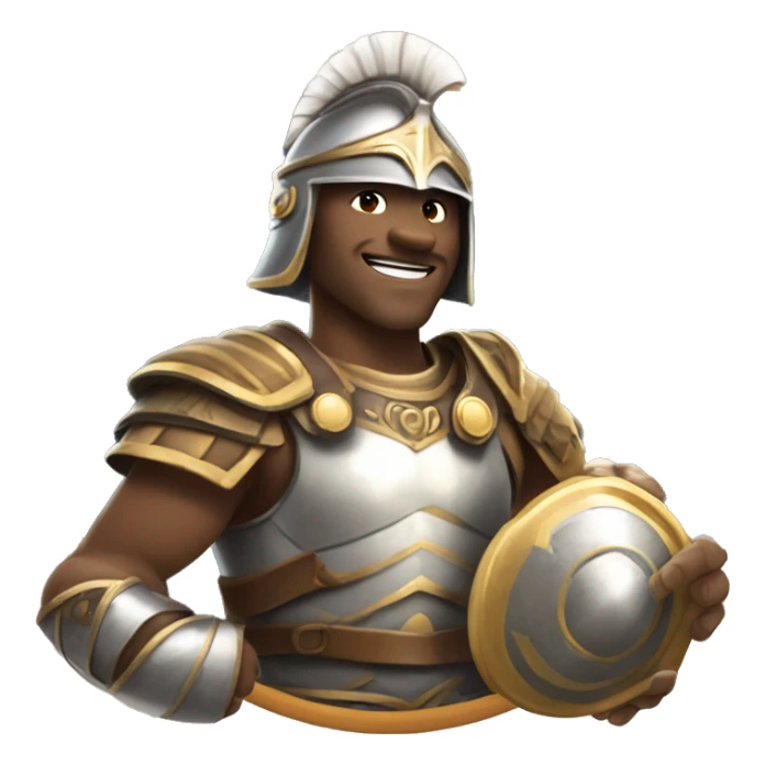A gladiator in light armor and a helmet, extending a scroll as if offering a gift, with a friendly and relaxed smile.

 sticker