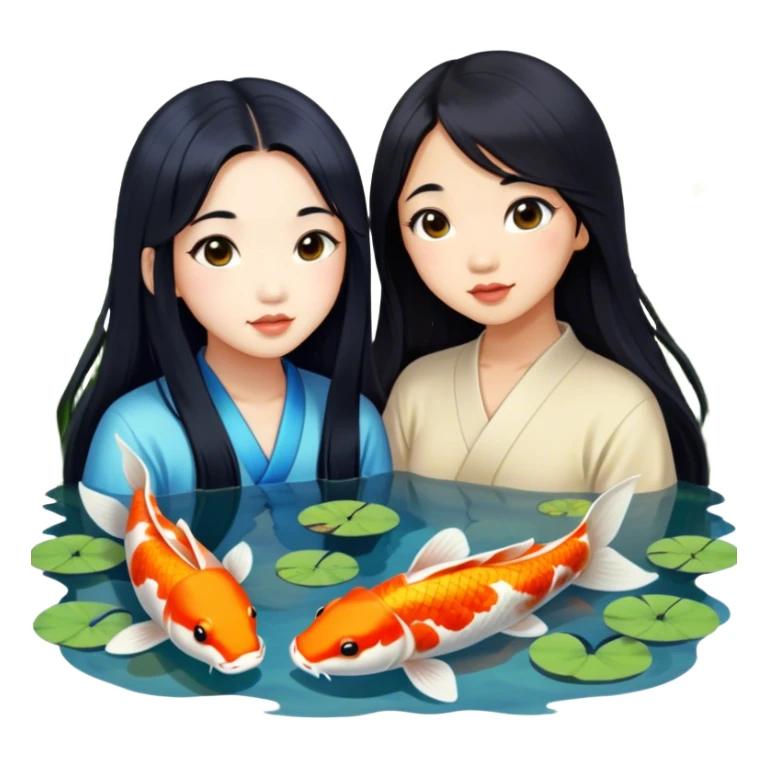 two asian girls long hair koi pond sticker