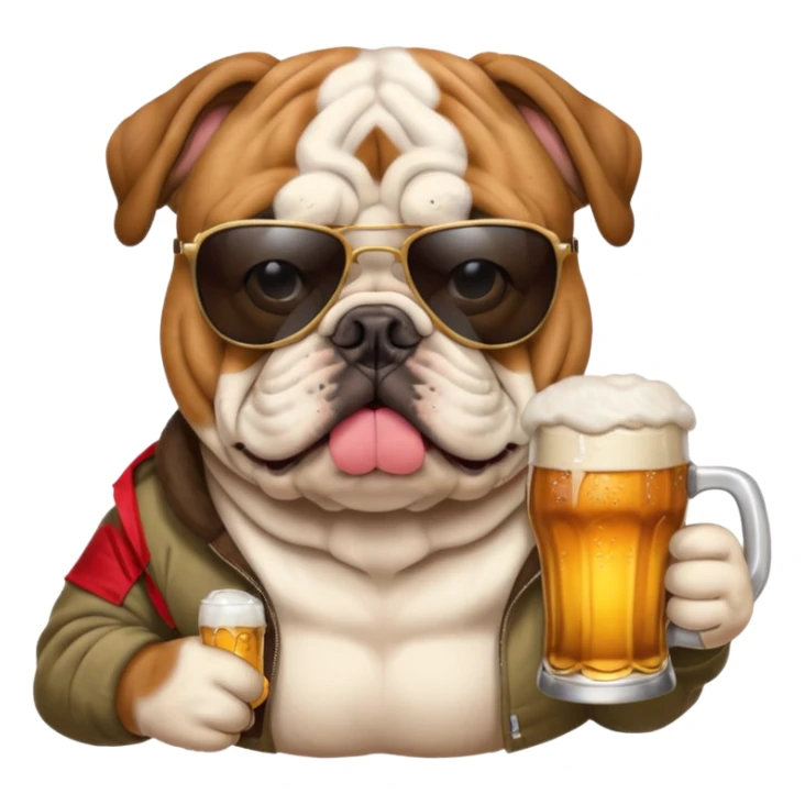 English bulldog wearing sunglasses holding a beer sticker