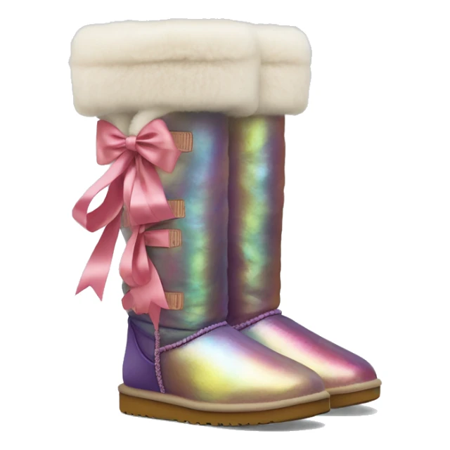 Tall Pair of iridescent fur Ugg boots with silk ribbon bow. sticker
