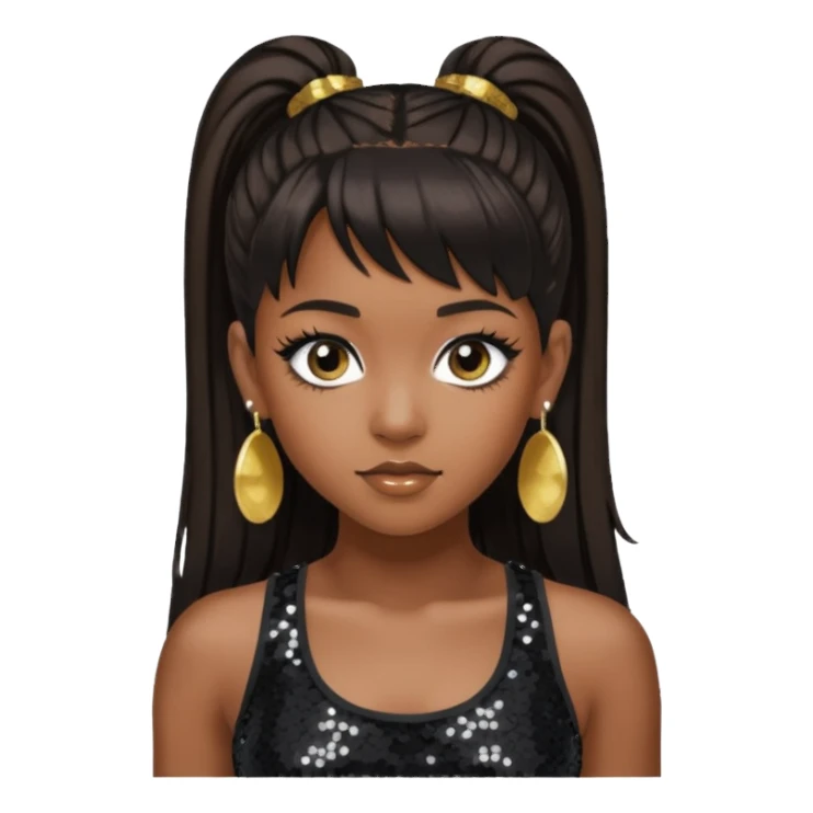 Left Eye from TLC with long dark brown ponytail hair, black sequin crop top, black earring sticker