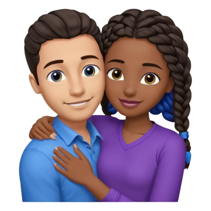 Boyfriend who is middle Eastern olive skinned with blue eyes and wavy straight brown hair in a blue shirt and his African girlfriend who is very black skinned, juicy lipped with black braided hair and the two are hugging and smiling hugely she’s wearing purple and she has black eyes sticker