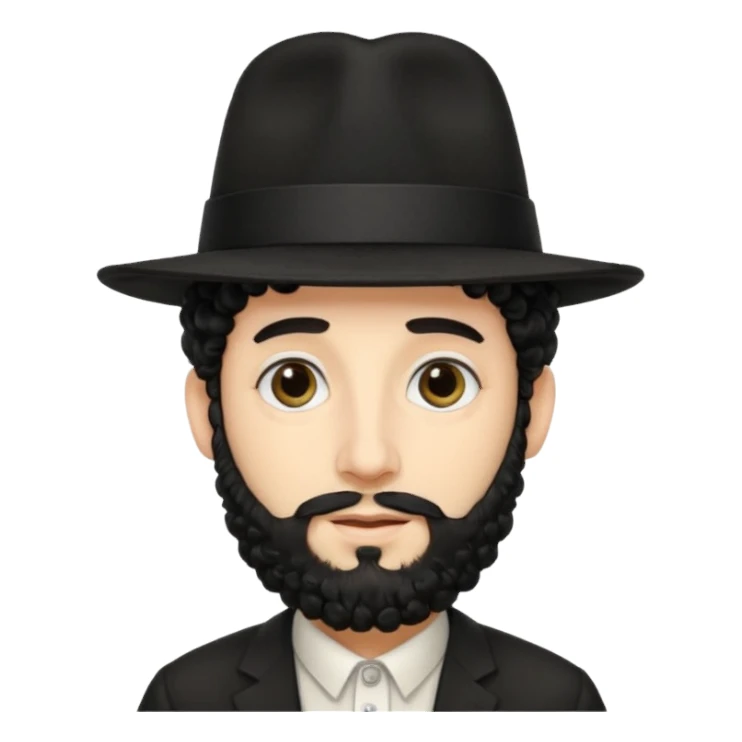Stereotypical jewish man, rabbi, with curly hair and a hat sticker
