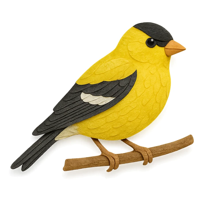 American Goldfinch sitting on a branch, delicate paper layers, realistic feather patterns, subtle color variations sticker