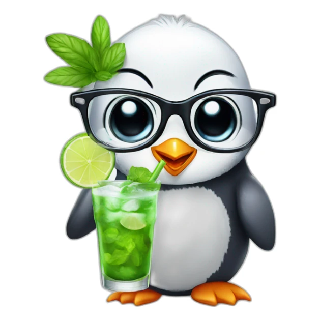 baby penguin with big glasses drinking mojito sticker