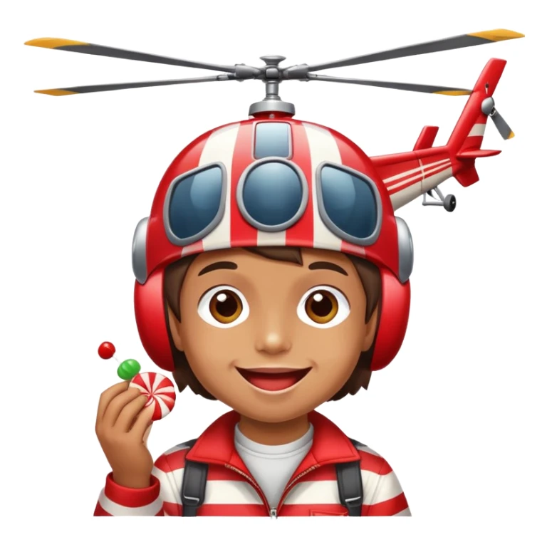happy kid with helicopter hat eating a candy sticker