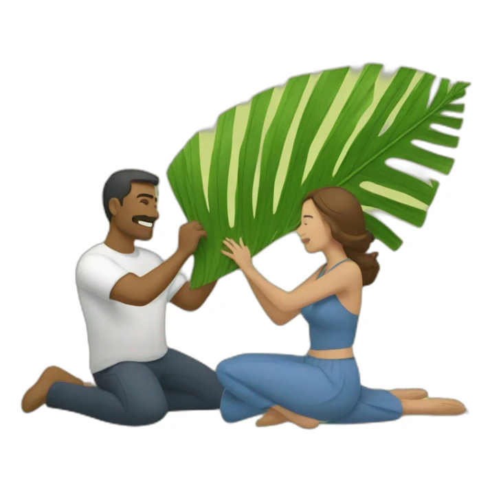 a man is laying and a woman is fanning him with palm leaf sticker
