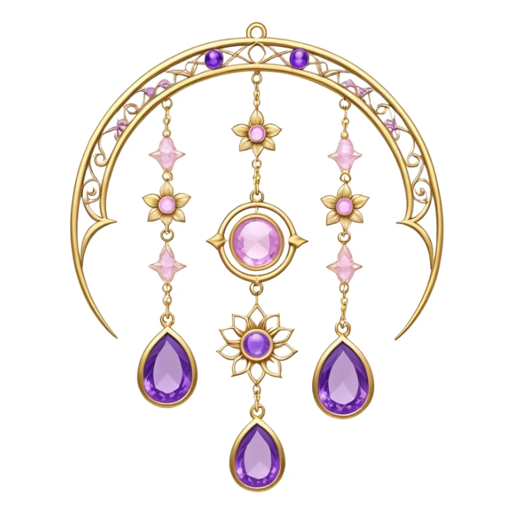Epic Hanging gold suncatcher, threads with shiny sparkly amethyst and rose-quartz gemstones, flowers, crescents-moons sticker