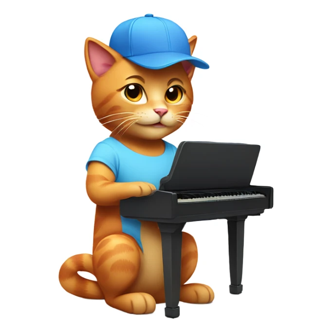 tan-red cat wearing a light-blue t-shirt and a blue base cap taps musical keyboard sticker