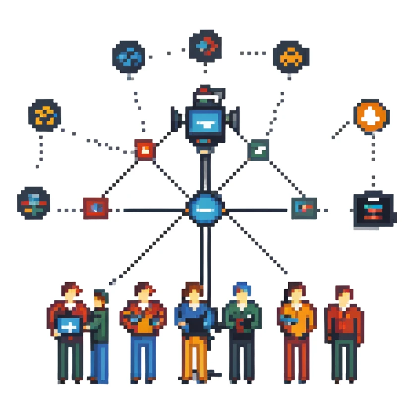 pixel art style illustration of a professional filmmaking network showing multiple cinema professionals (director, cameraman, sound engineer, editor, etc.) connected by lines or connection symbols, collaborative atmosphere, figurative style, large image sticker
