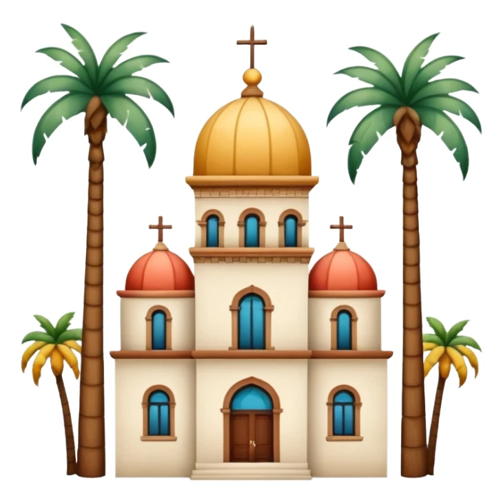 California landmark with colorful tiled dome, slender ornate tower, palm trees, Spanish Colonial Revival, simple sticker