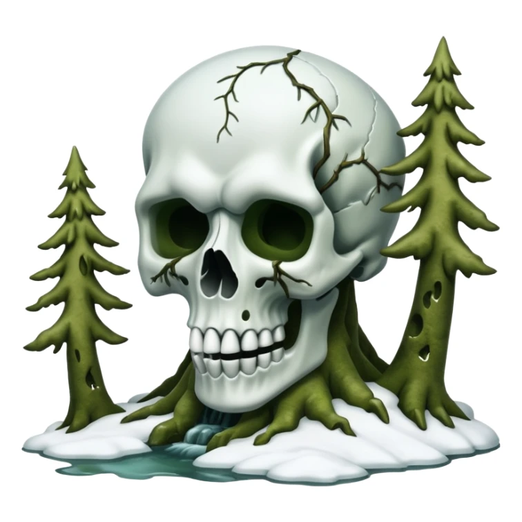 A surreal Alaskan snow covered landscape with mossy trees, in the style of your bleeding skull art. sticker