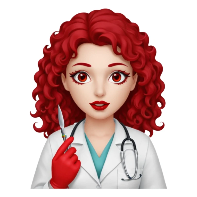 Lilith scalpel in hand, evil surgeon sexy surgeon clothes.  She has red eyes. She has dark brown long curly hair. Wears sexy doctor outfit with red gloves. Covers mouth neck and nose with red litham only covering under her nose to hide her identity sticker