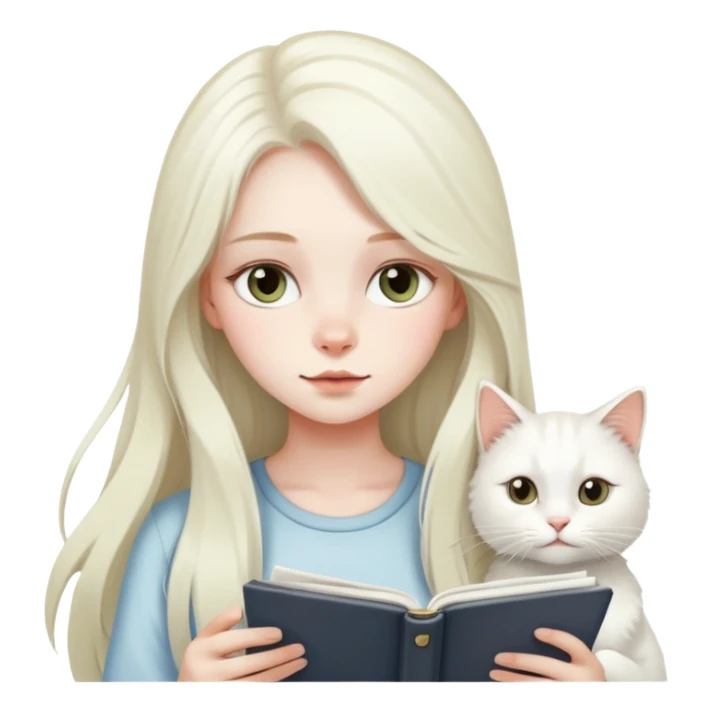 A long haired girl with a white cat looking at her notes sticker