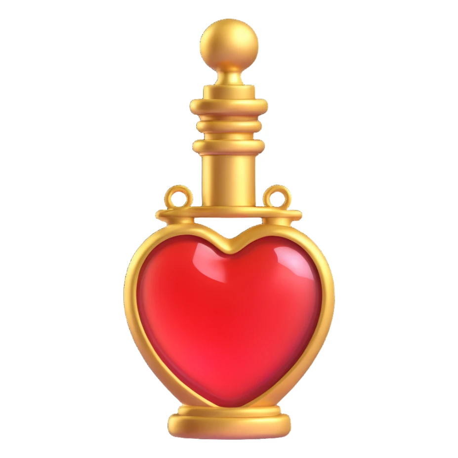 stylish heart-shaped elixir bottle, main color #c0ff53 green, with golden decorations, very luxurious, glowing, 3D effect sticker