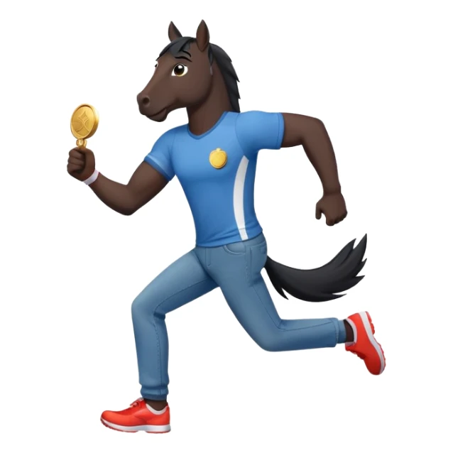 friendly anthropomorphised black stallion in jeans and a t-shirt, jogging upright in standard pose, holding a medal sticker