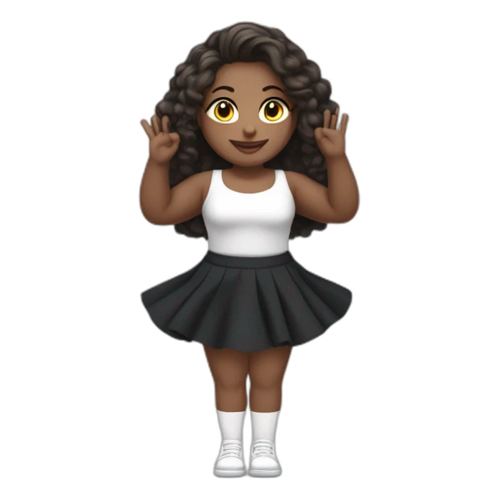 Front view full body curvy caucasian beauty sitting straight hands up black skirt white knickers white socks sticker