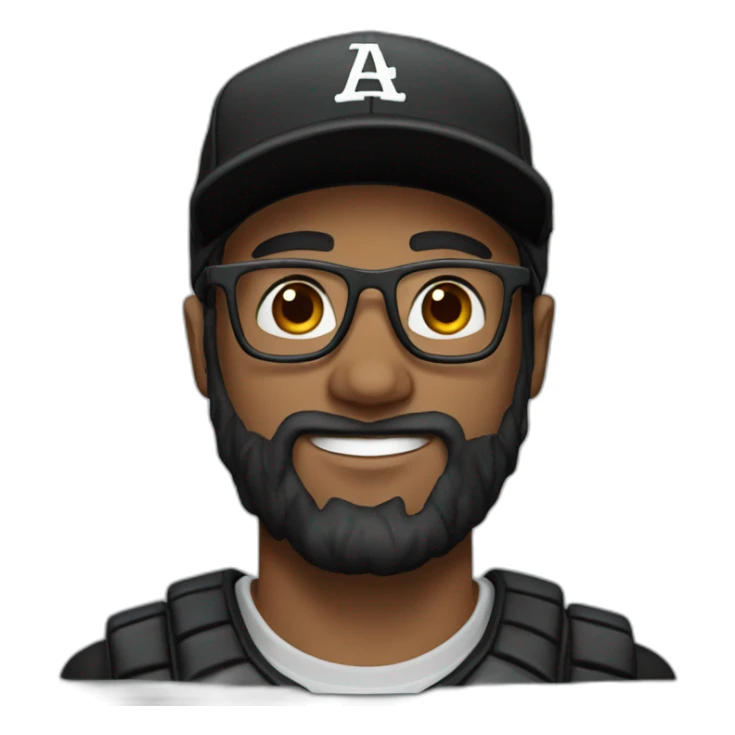 Bearded dark haired man with black baseball hat and glasses sticker
