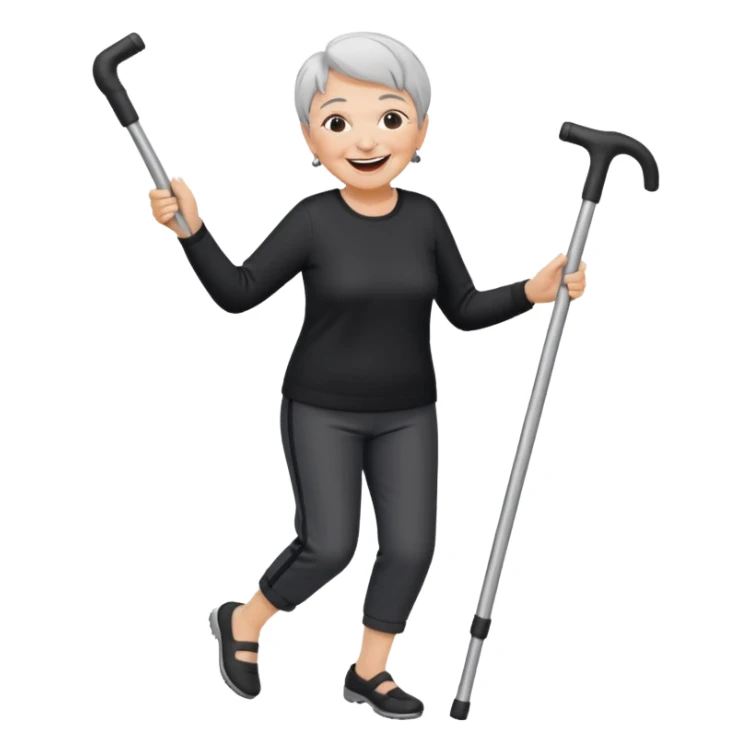 old woman with short hair, dressed with pants, laughing and dancing with crutches sticker