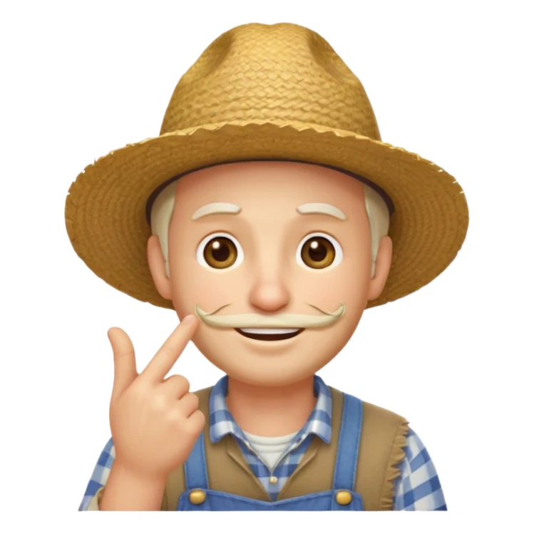 “A single emoji-style character combining 👨‍🌾😄 and 🤔: a smiling farmer man with a straw hat, friendly face, and light beard, holding one hand under his chin in a thinking gesture. His index finger rests under his face, eyes looking slightly upward as if thinking.  sticker