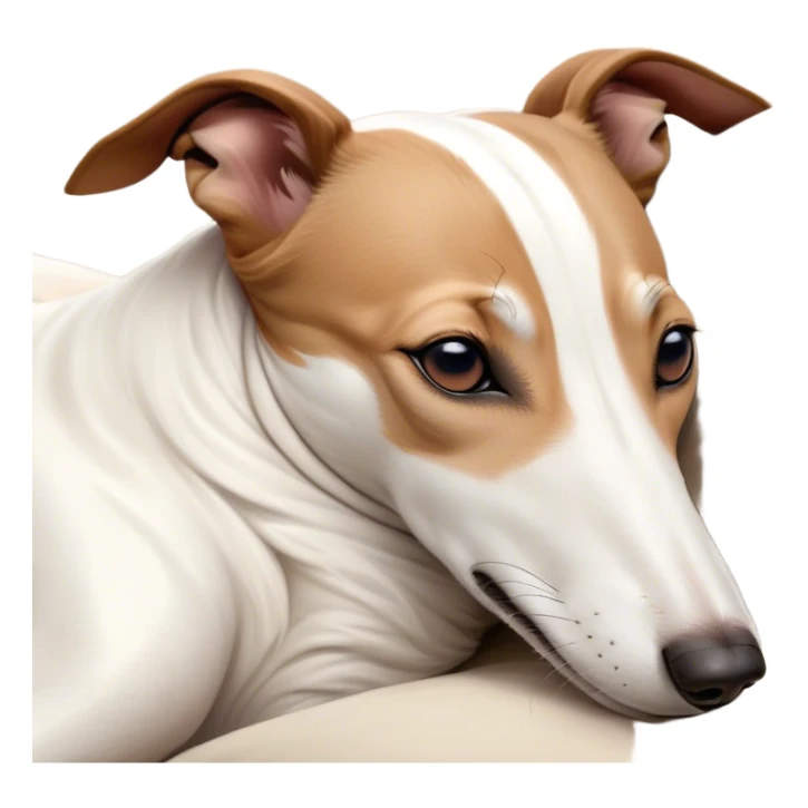 Meme-Worthy Cute Sleeping White and Brown Greyhound Portrait Emoji, Head resting peacefully with a contented smile, showcasing a lean, graceful build and a luxuriously smooth Fur of white with brown accents, eyes shut in a serene nap, Simplified yet hilariously adorable features, highly detailed, glowing with a soft, drowsy light, high shine, relaxed and utterly lovable, stylized with an air of playful laziness, bright and heartwarming, soft glowing outline, capturing the essence of a comically sleepy racer, so meme-worthy it feels like it could instantly become the next viral sensation of adorable slumber! sticker