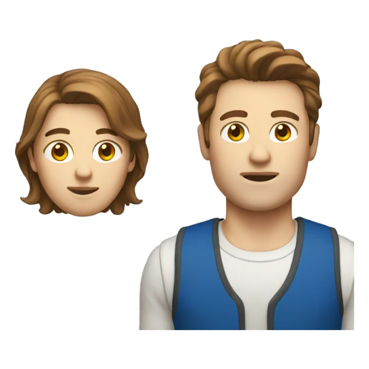 White guy with brown hair and a blue vest sticker