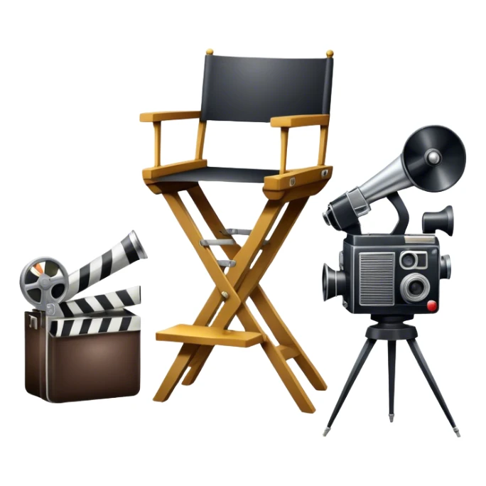 Professional icon for Directing: a collage featuring a director's chair, a film camera, a megaphone and an Oscar trophy. The icon should represent the craft and creativity of film directing, with emphasis on leadership and cinematic artistry. Transparent background. sticker