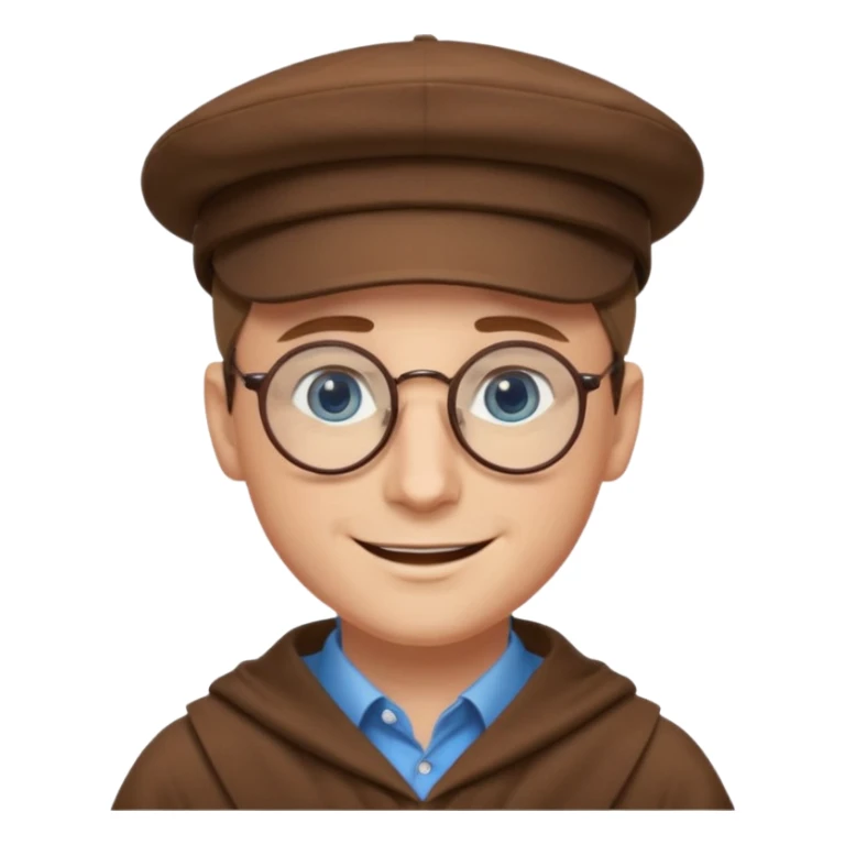 A man with sharp and thin face, brown round glasses, a brown hat and a brown costume (shoulders only), with blue eyes and a large smile on his face. sticker