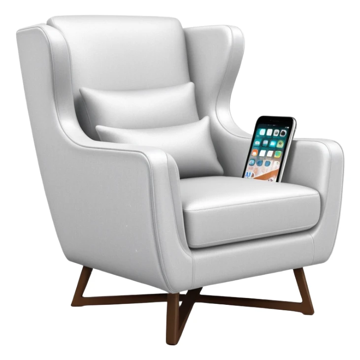 angled smartphone in foreground with clear display of an armchair product page on the screen, with sparkle on the left side sticker