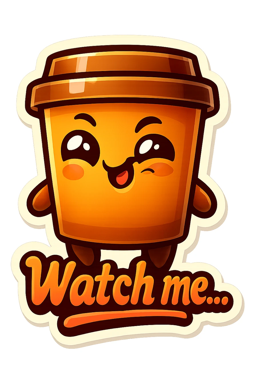 Tall coffee cup, giggling, mischievous eyes, "Watch me..." sticker