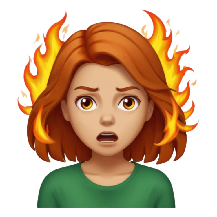 Woman with hair on fire looking stressed and panicked with brown shoulder length hair—longer hair please and light skin—an Irish gal sticker