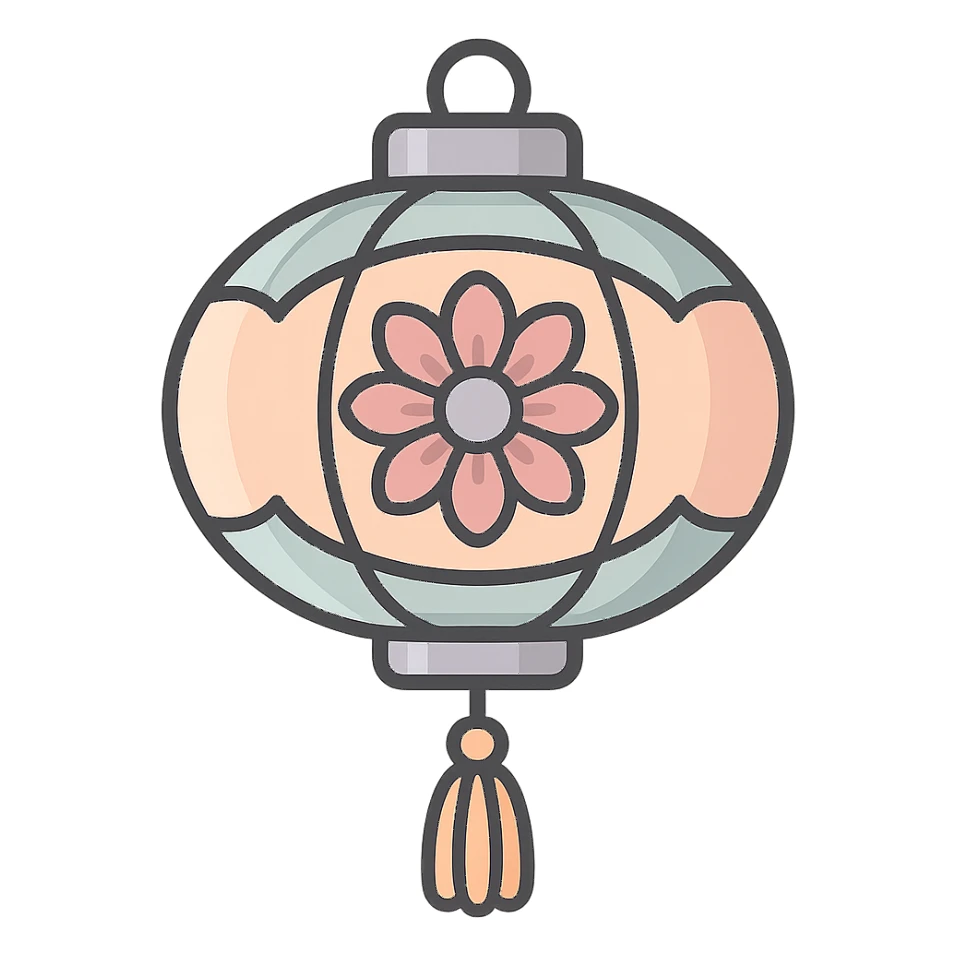 elegant Chinese lantern with floral pattern and many petals, detailed shadows and highlights, thin clean outlines, soft rounded shapes, pastel palette #98B5BC, #B5B3C1, #C9A3C9, #E4C0CA, #F7DCD1, #F7C0AA, modern Japanese pop-art and sticker aesthetic, high detail, vector sharpness, soft lighting, transparent background sticker
