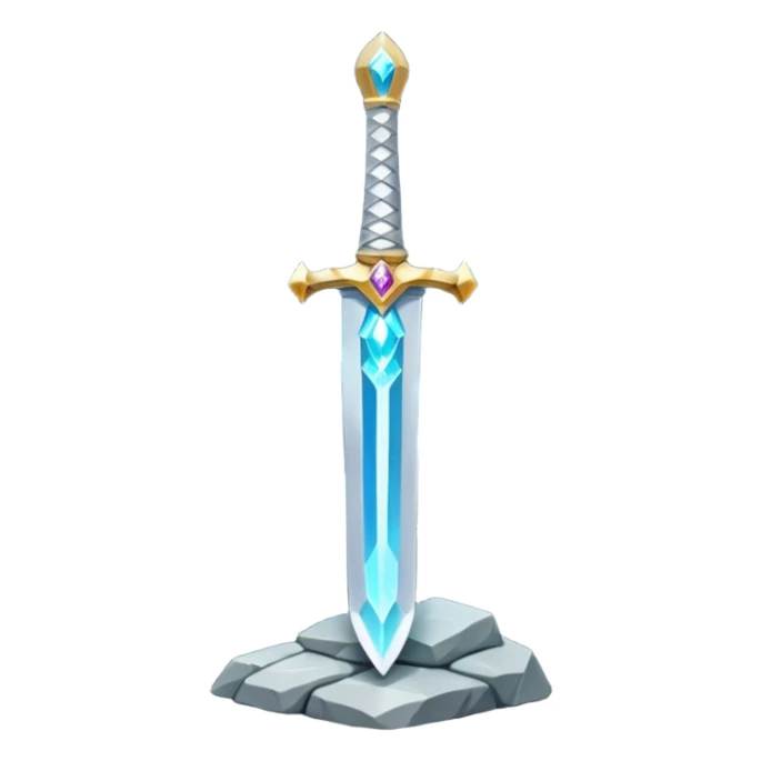 Shining silver sword with jeweled hilt, stuck in a stone, glowing aura.  sticker