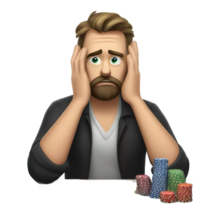 Sad bearded man loses money at casino cards with date sticker