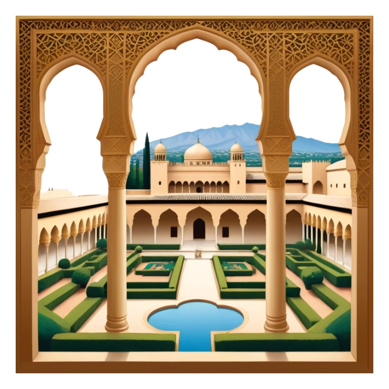 ​Cinematic Realistic Alhambra, depicted as a panoramic, zoomed-out view of the entire majestic Moorish palace complex with intricate arches, expansive courtyards, and lush gardens stretching into the distance, bathed in soft golden light that accentuates its opulent historical grandeur, sticker