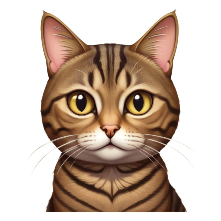 Cinematic Grumpy Brown Tabby Cat Portrait Emoji, Head tilted slightly with a deeply unimpressed expression, thick brown fur with dark, pronounced tabby stripes and a furrowed brow, large eyes narrowed into an unamused glare, whiskers slightly drooping in exasperation, Simplified yet comically expressive features, highly detailed, glowing with a dry, sarcastic glow, high shine, effortlessly judgmental yet dignified, stylized with a touch of cynicism, bright but brooding, soft glowing outline, capturing the essence of an eternally unimpressed yet endearing feline, so lifelike it feels like it could sigh heavily at you in disdain at any moment! sticker