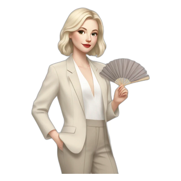 pale skin woman with ash blonde Straightened bob Hair, White Spacious classical jacket, beige palazzo Arrow pants and gray blouse holding a fan color palette in the hands sticker