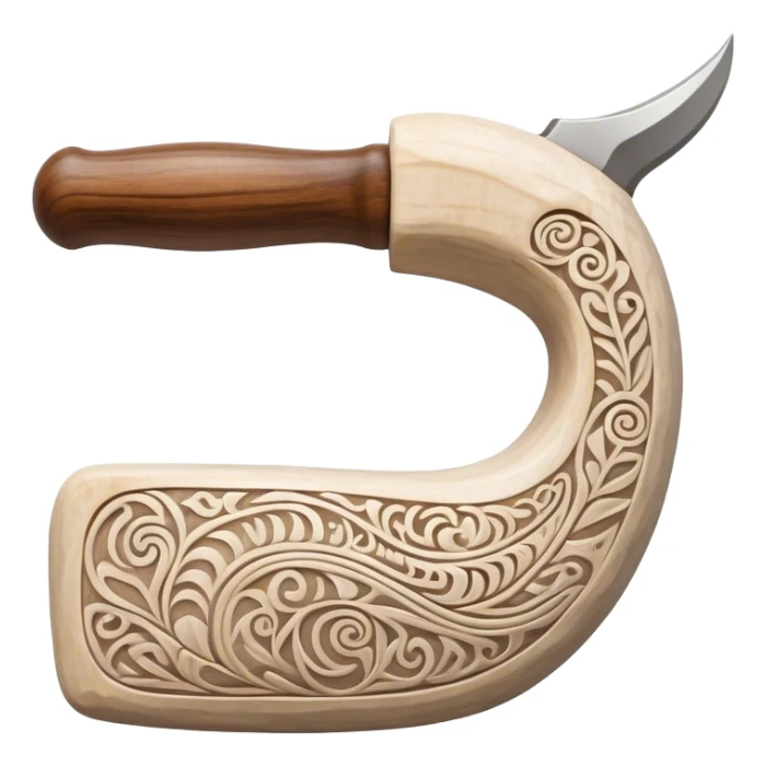 Scandinavian carving icon, whale bone with intricate Norse patterns, show chisels and carving tools, minimalistic style, clean lines, transparent background. sticker