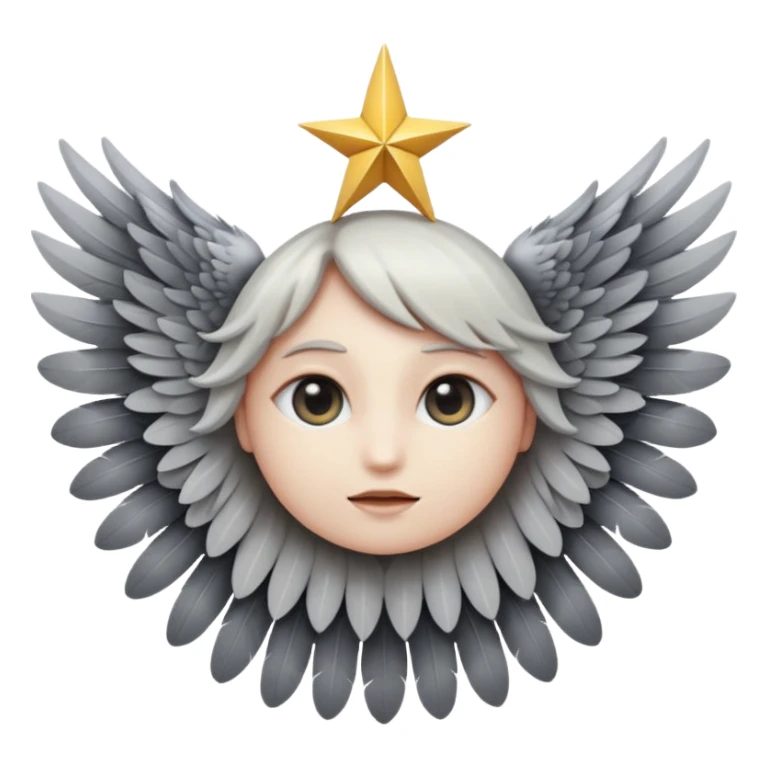 A round emoji with a single central eye, completely covered in six layers of gray feathered wings forming a star-like shape, mystical and divine expression, iOS emoji style sticker