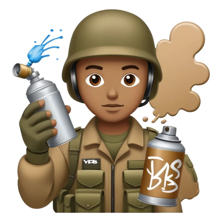 brown soldier with a spray can doing graffiti spelling out YBS sticker