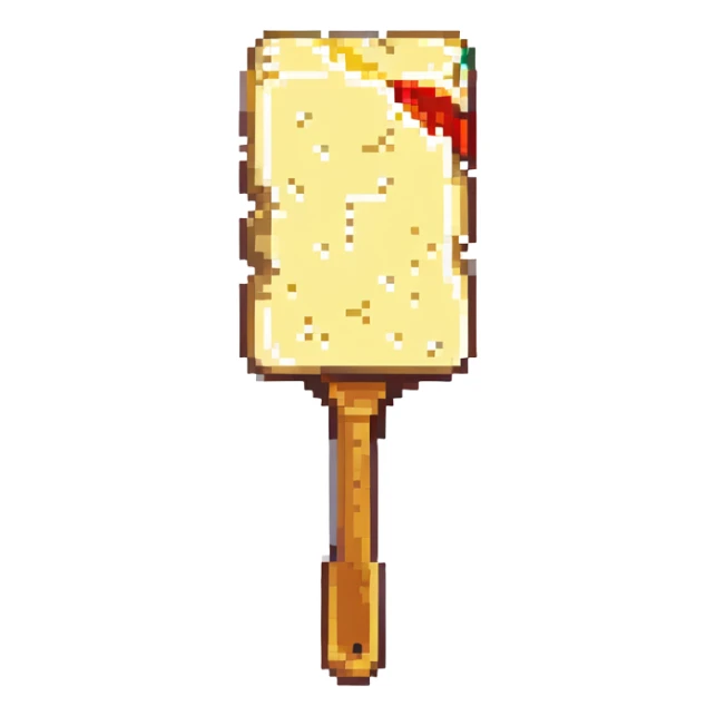 a slice of butter holding up an auction paddle, actively bidding, pixel art style sticker